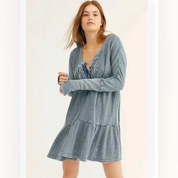 Free People One Jolene Waffle Knit Mini Dress Blue medium - Picture 3 of 6
